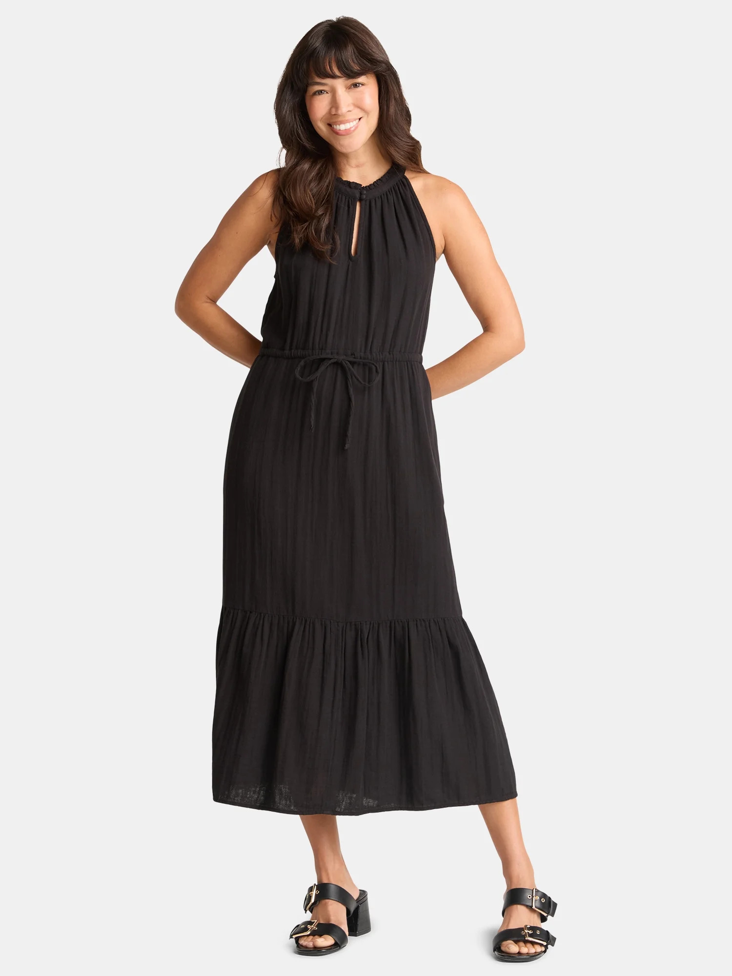 Time and Tru Women's Cotton Double Cloth Tiered Midi Dress, Sizes XS-XXXL | Walmart (US)