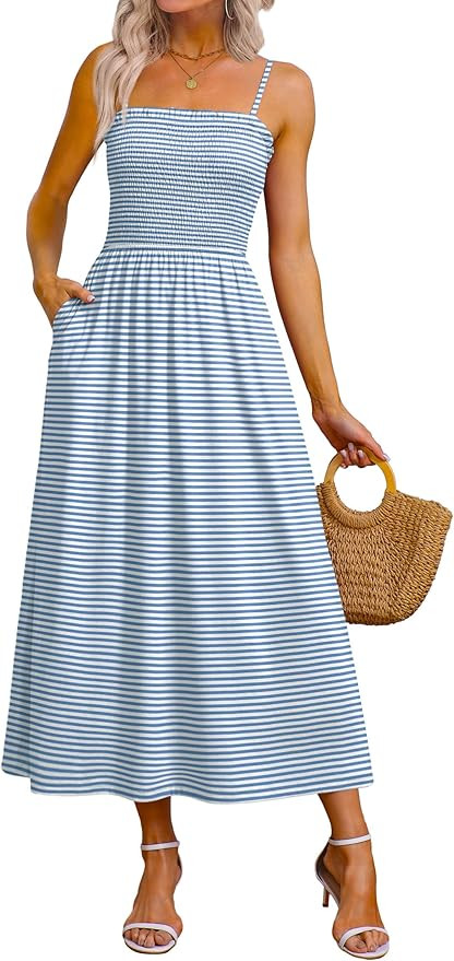 OFEEFAN Womens Spaghetti Strap Maxi Dresses Smocked with Pockets 2026 Summer Spring Casual Boho B... | Amazon (US)