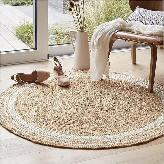 The Knitted Co. 100% Jute Area Rug Approx 4 Feet - Braided Design Hand Woven Natural White Rings ... | Amazon (US)