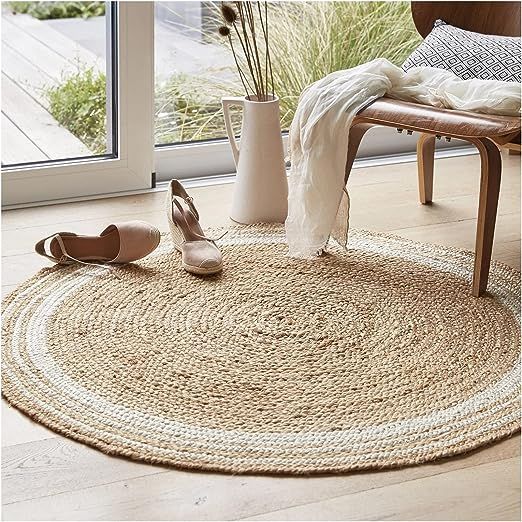 The Knitted Co. 100% Jute Area Rug Approx 4 Feet - Braided Design Hand Woven Natural White Rings ... | Amazon (US)