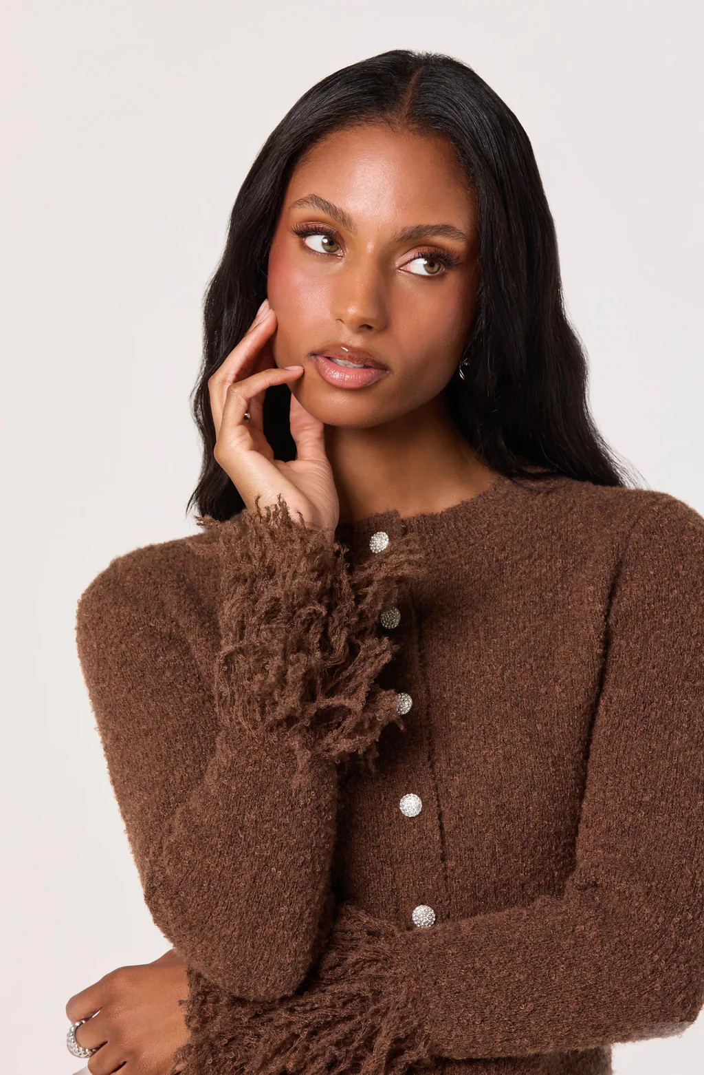 Fringe Sleeve Crewneck Cardigan - Black / XS | ASTR The Label (US)