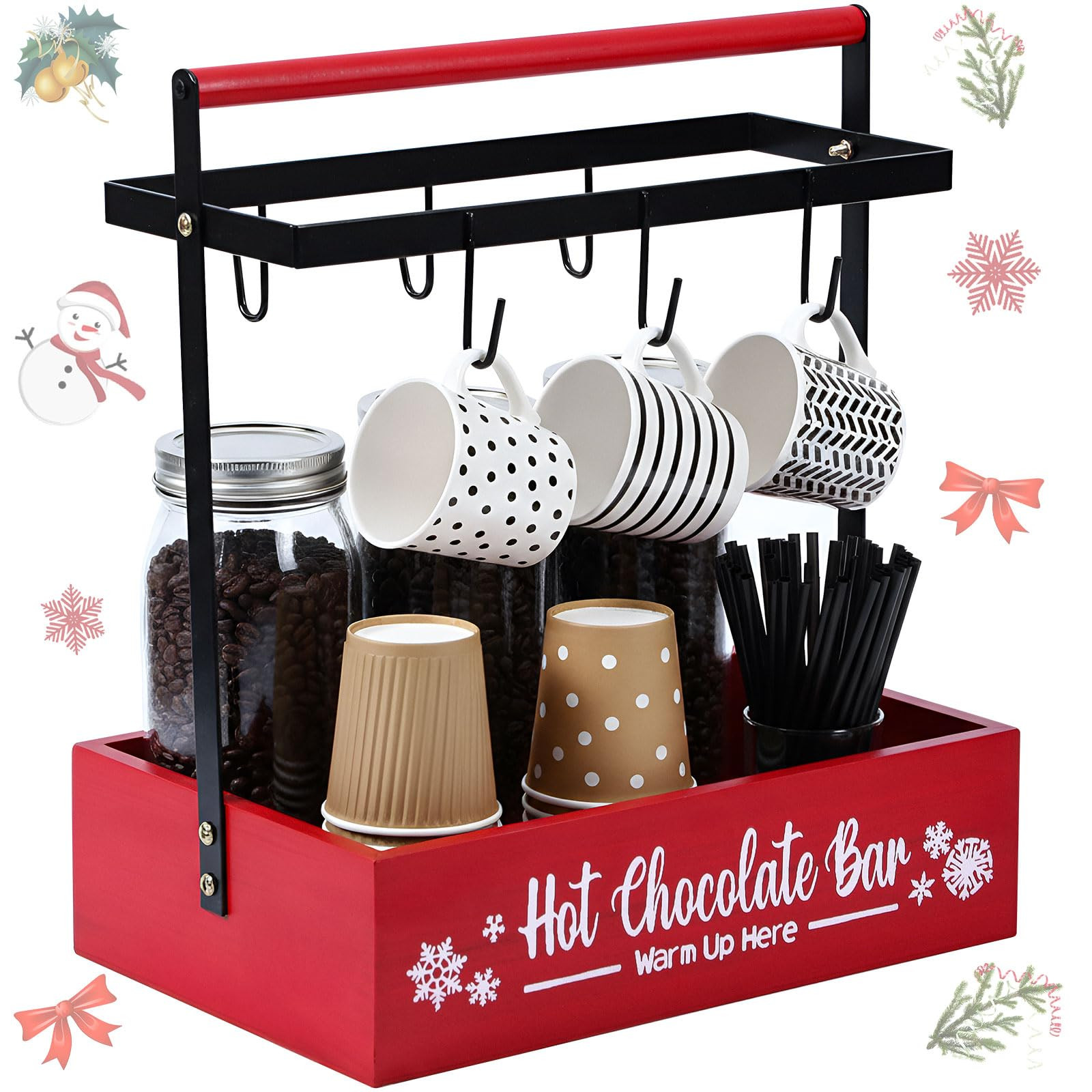 Christmas Hot Cocoa Bar Coffee Station Organizer Decorative Wood Storage Box Coffee Mug Holder wi... | Amazon (US)