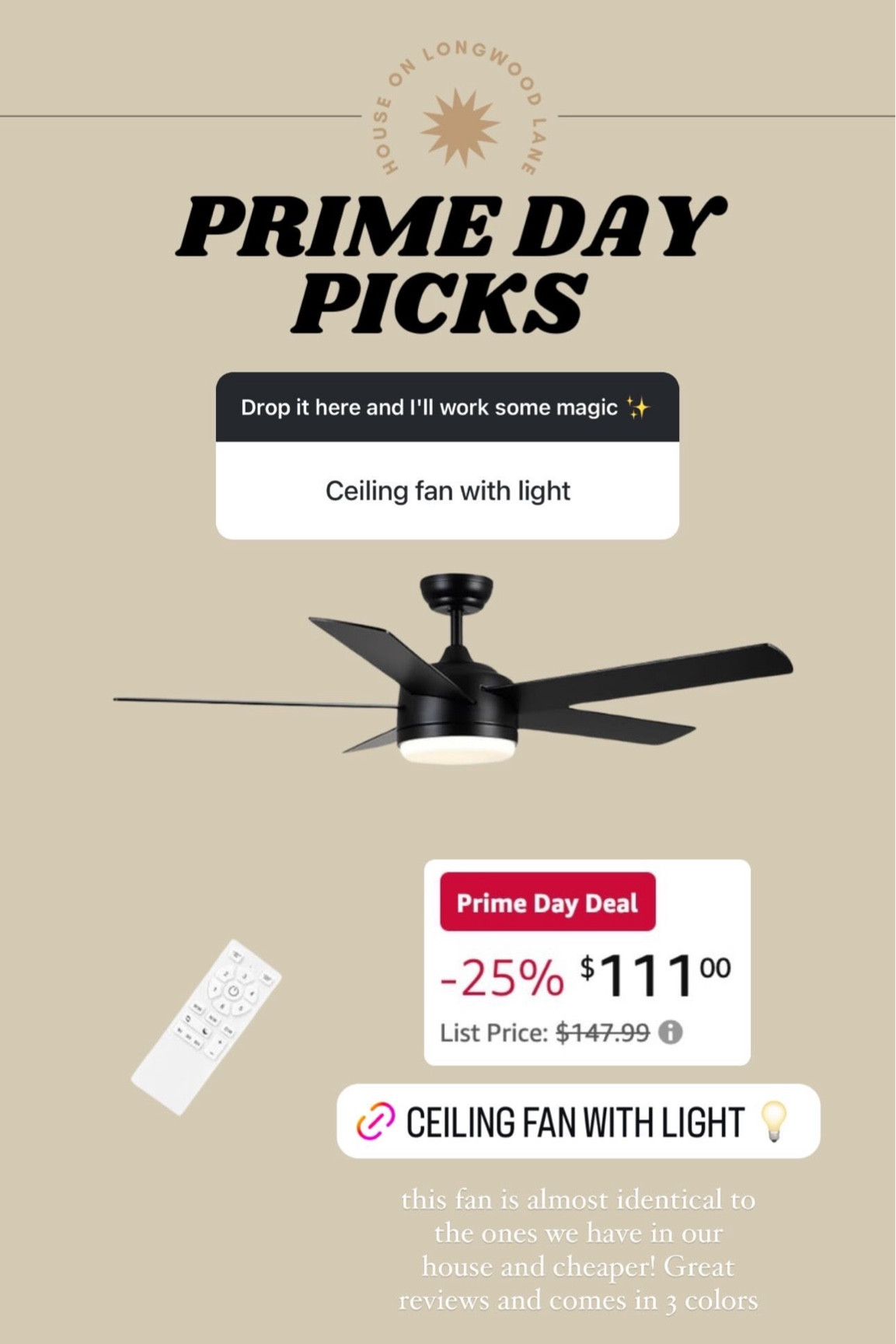 this fan is almost identical to the ones we have in our house and cheaper! Great reviews and comes in 3 colors 25% off for prime day! #primeday 

#LTKSaleAlert #LTKSummerSales #LTKHome