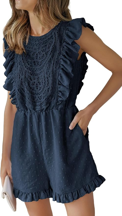 Angashion Womens Rompers 2026 Dressy Summer Casual Embroidery Lace Print One Piece Outfit Ruffle ... | Amazon (US)