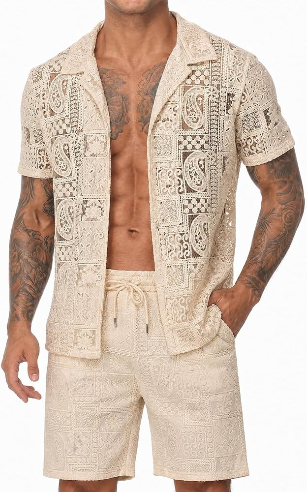 Men's 2 Piece Short Set Beach Outfits Lace Sexy Shirt and Shorts Set Short Sleeve and Shorts Matc... | Amazon (US)