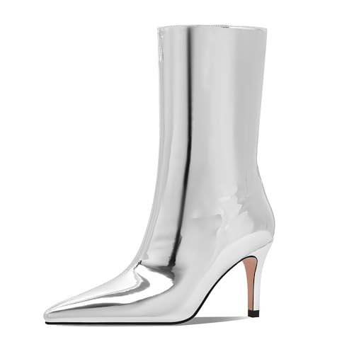 Women's Silver Mirror Boots Fashion Pointed Toe Mid Heel Short Boots Mid-Calf Shoes | Amazon (US)