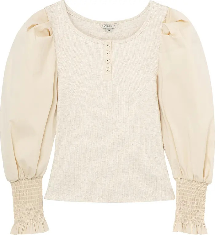 Habitual Girl Kids' Mixed Media Puff Sleeve Henley | Nordstrom | Nordstrom