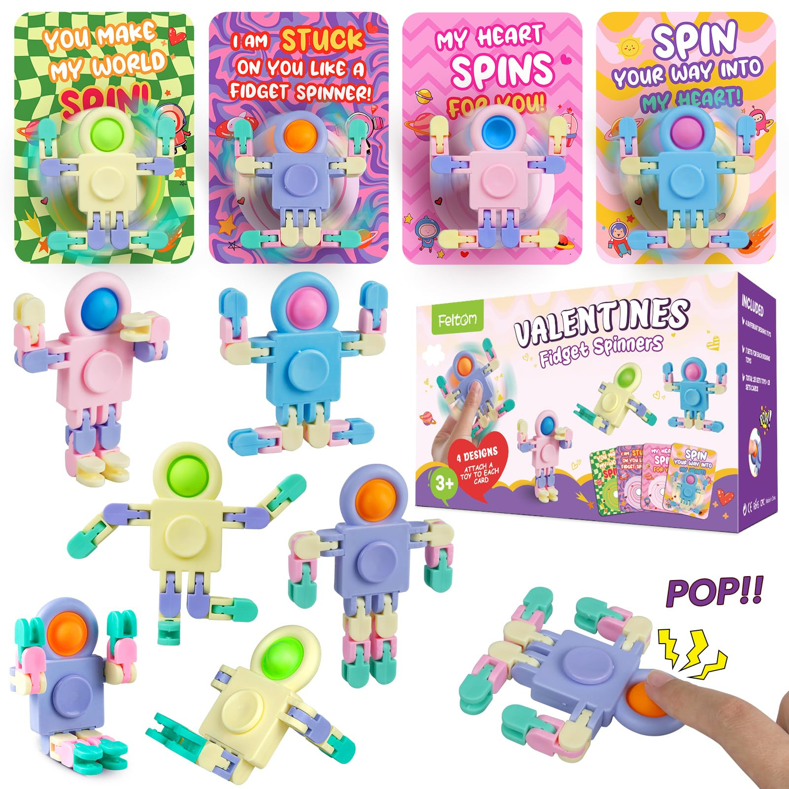 Feltom 28 PCS Chain Press Vent Spaceman - Valentines Cards for Kids Wacky Track Finger Fidget Sen... | Amazon (US)