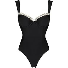 FLAXMAKER Black Double Shoulder Straps Chest Pearl One Piece Swimsuit and Skirt | Amazon (US)
