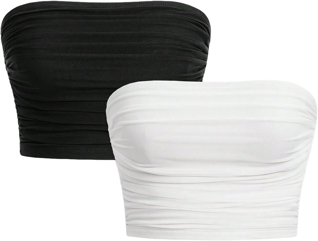 BEAUDRM Women's 2 Piece Casual Ruched Crop Bandeau Top Casual Strapless Summer Slim Fit Sleeveles... | Amazon (US)