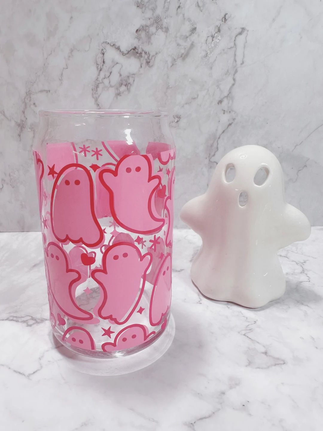 Pink Ghost 16oz Halloween Aesthetic Iced Coffee & Matcha Glass Can Cup Beer Can Glass Mug Gift Fo... | Etsy (US)
