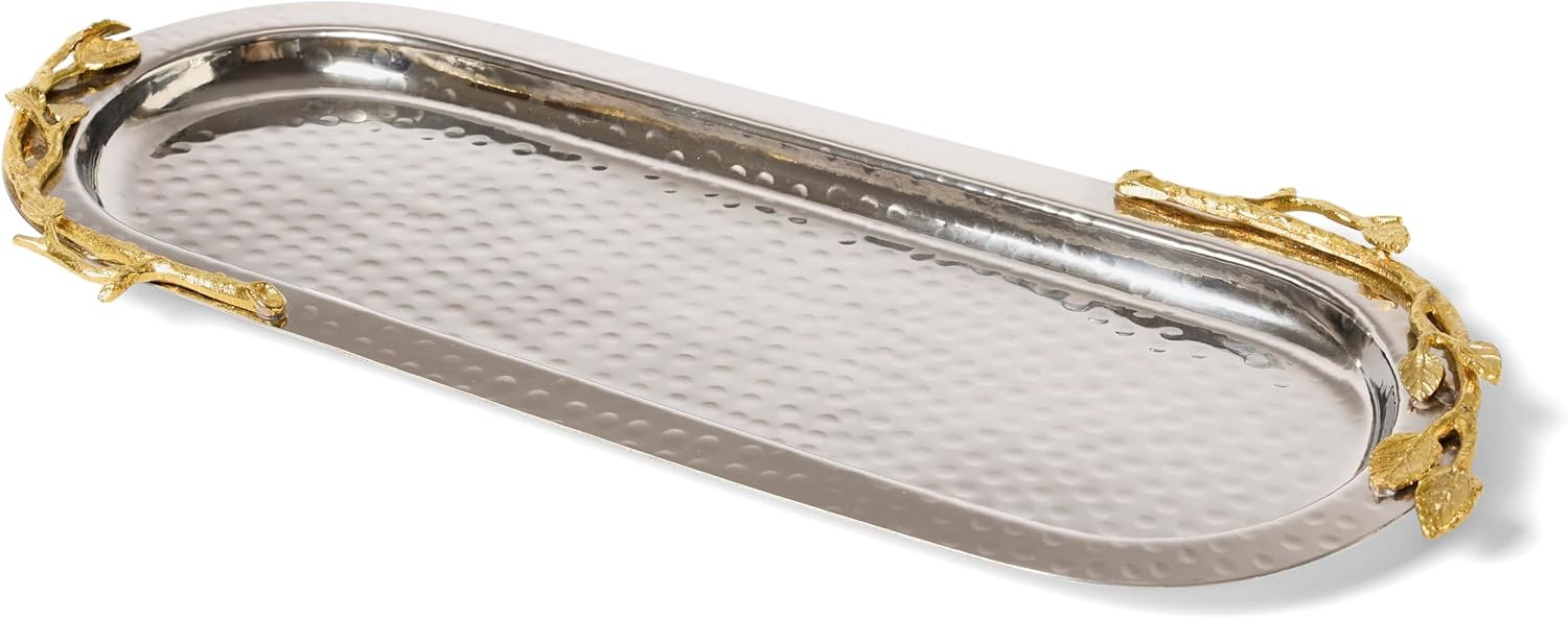 Elegance Golden Vine Hammered Stainless Steel Oval Tray, 15.25 by 5.75-Inch, Silver/Gold | Amazon (US)