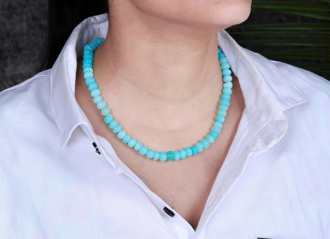 Blue Peruvian Opal Beaded Necklace 9mm Gemstone Necklace - Etsy | Etsy (US)