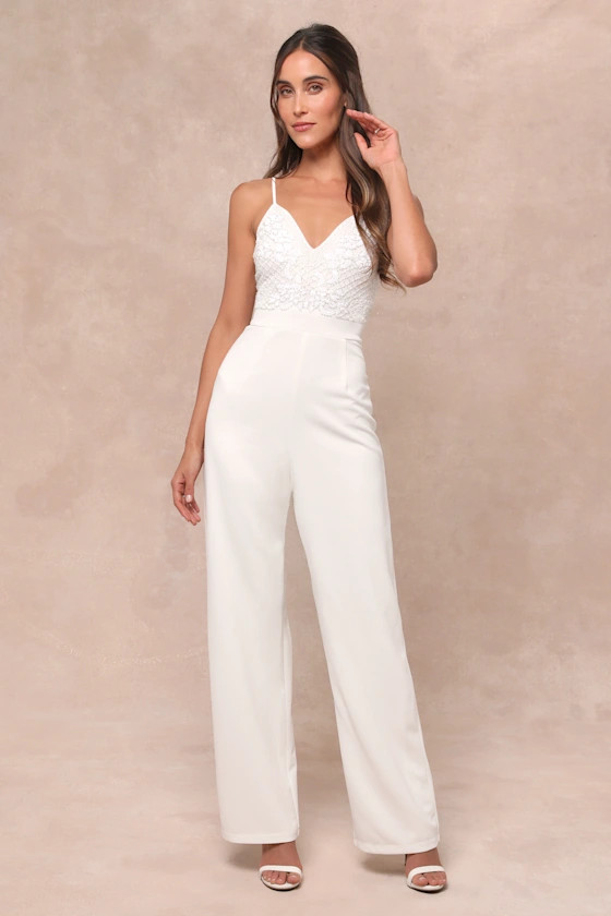 Memorable Occasion White Beaded Sequin Wide-Leg Jumpsuit | Lulus