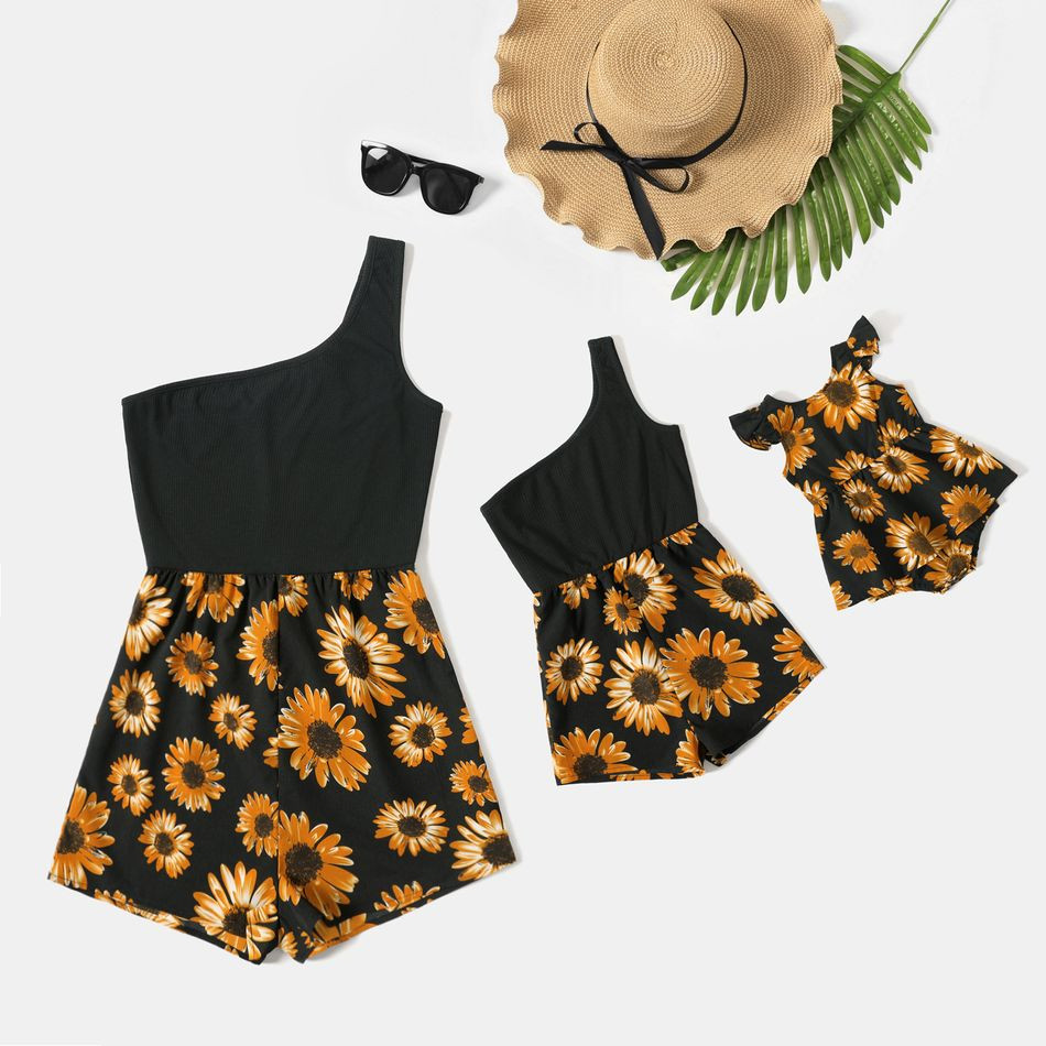 Black Ribbed Sleeveless One Shoulder Splicing Sunflowers Floral Print Romper Shorts for Mom and M... | PatPat