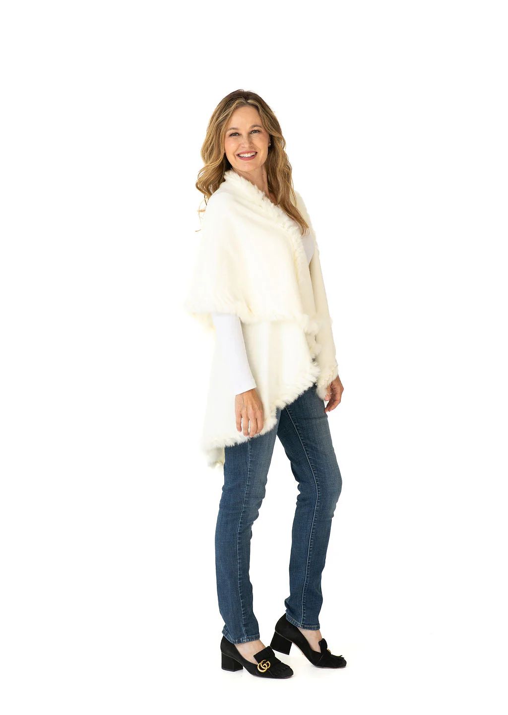 Multi Style Shawl Wrap in Cream with Fur Trim | Heidi Kagan Designs