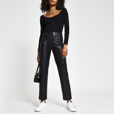 Black faux leather straight fitted trousers | River Island (UK & IE)