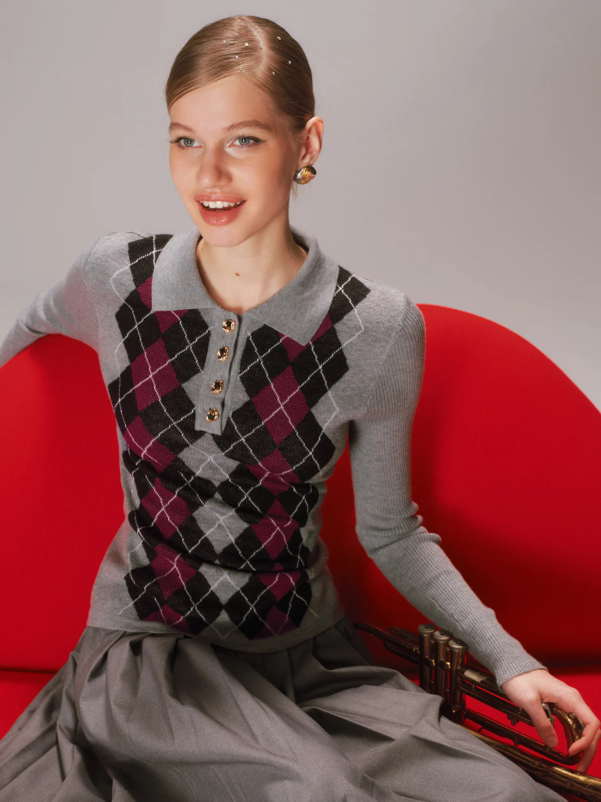 Argyle Wool-Blend Polo Knit Top | Commense