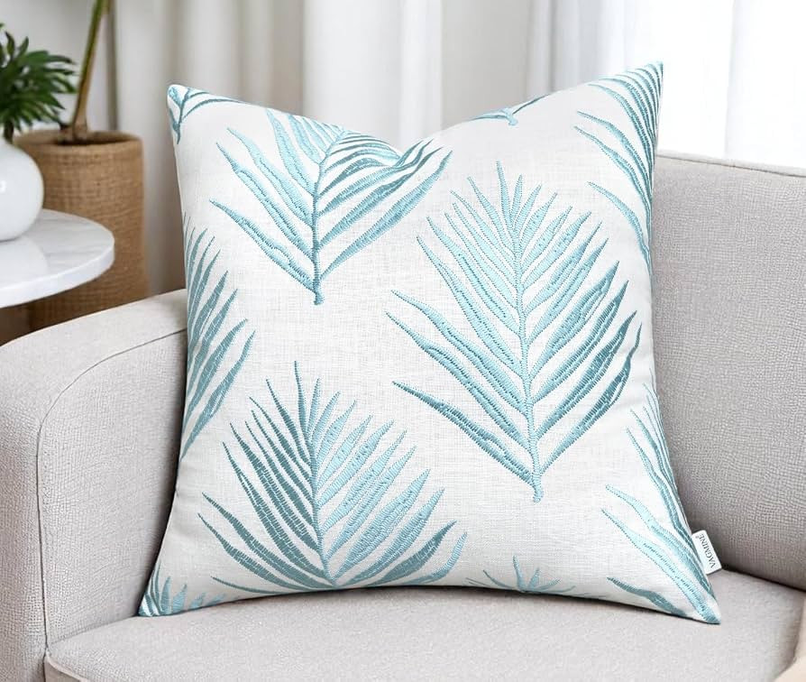 VAGMINE Embroidered Tropical Leaf Accent Pillow Cover 20x20 – Ivory Cotton Square Cushion Cover... | Amazon (US)
