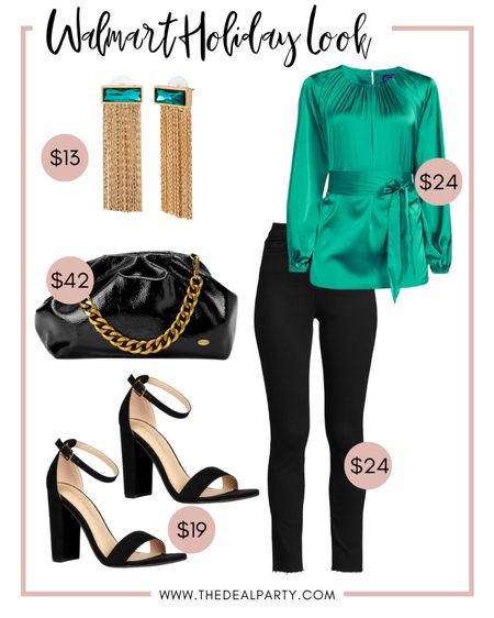 Green Top | Christmas Outfit | Christmas Look | Black Heels | Black Jeans | Denim | Tassel Earrings | Clutch | Black Purse 

#LTKunder100 #LTKstyletip #LTKSeasonal