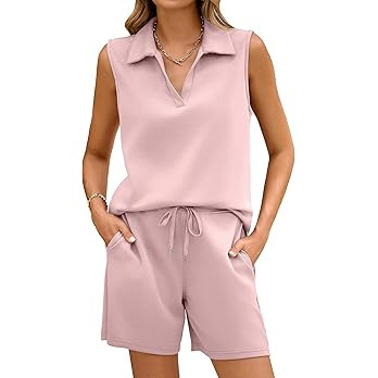 Glamaker Womens Two Piece Short Sets Summer V Neck Travel Outfits Sweatsuits Sleeveless Lounge Se... | Amazon (US)