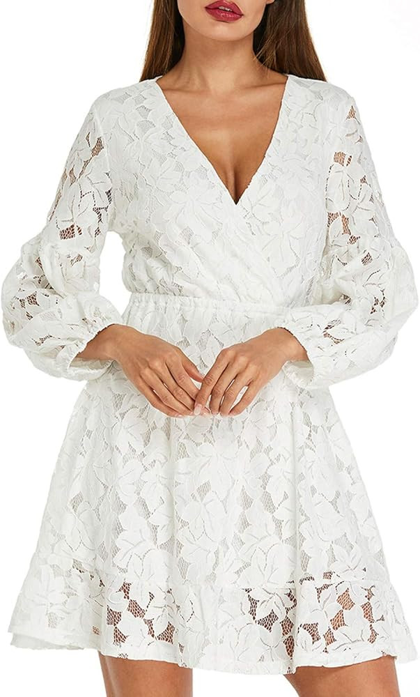 Auxo Women Long Sleeve Floral Lace V Neck Elegant Cocktail Party Wedding Bridesmaid Evening Dress | Amazon (US)
