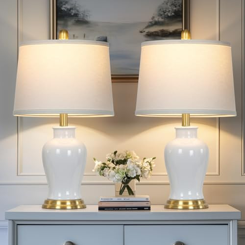 LUXEFLOW White Ceramic Table Lamps Set of 2, 23" Modern Ceramic Bedside Lamps with Ginger Jar Design, Farmhouse Lamp for Living Room End Table, Elegant Bedroom Lamp for Nightstand Desk Side Home Decor | Amazon (US)