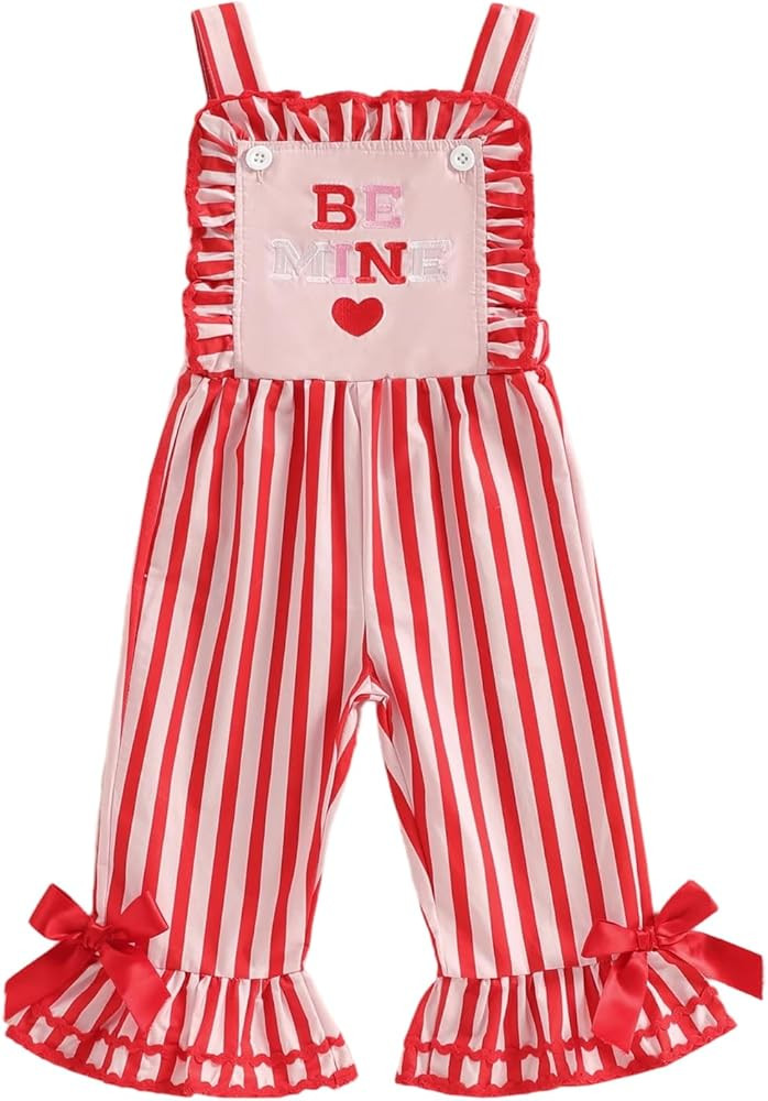 Toddler Girls Valentines Outfits Stripe Print Letter Embroidery Sleeveless Overalls Jumpsuit Vale... | Amazon (US)