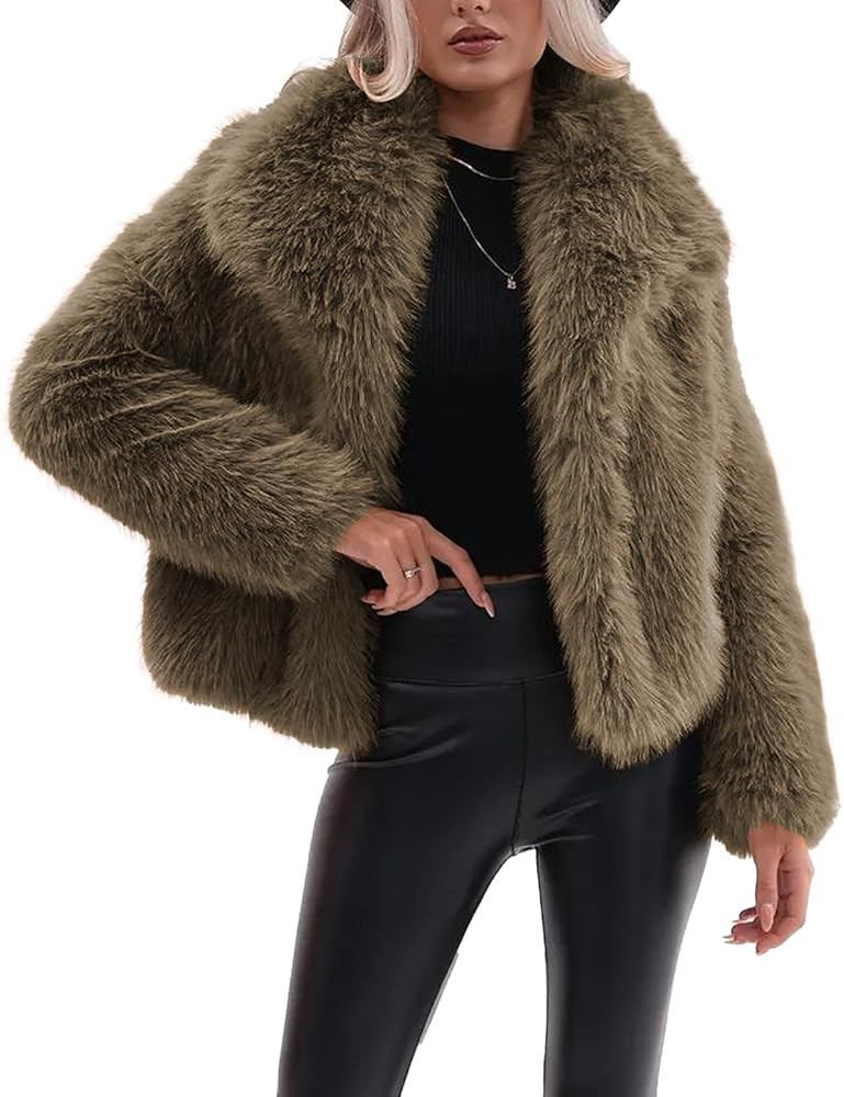 Flygo Women's Faux Fur Coat Fluffy Faux Fur Jacket Long Sleeve Lapel Furry Winter Jackets Shaggy ... | Amazon (US)
