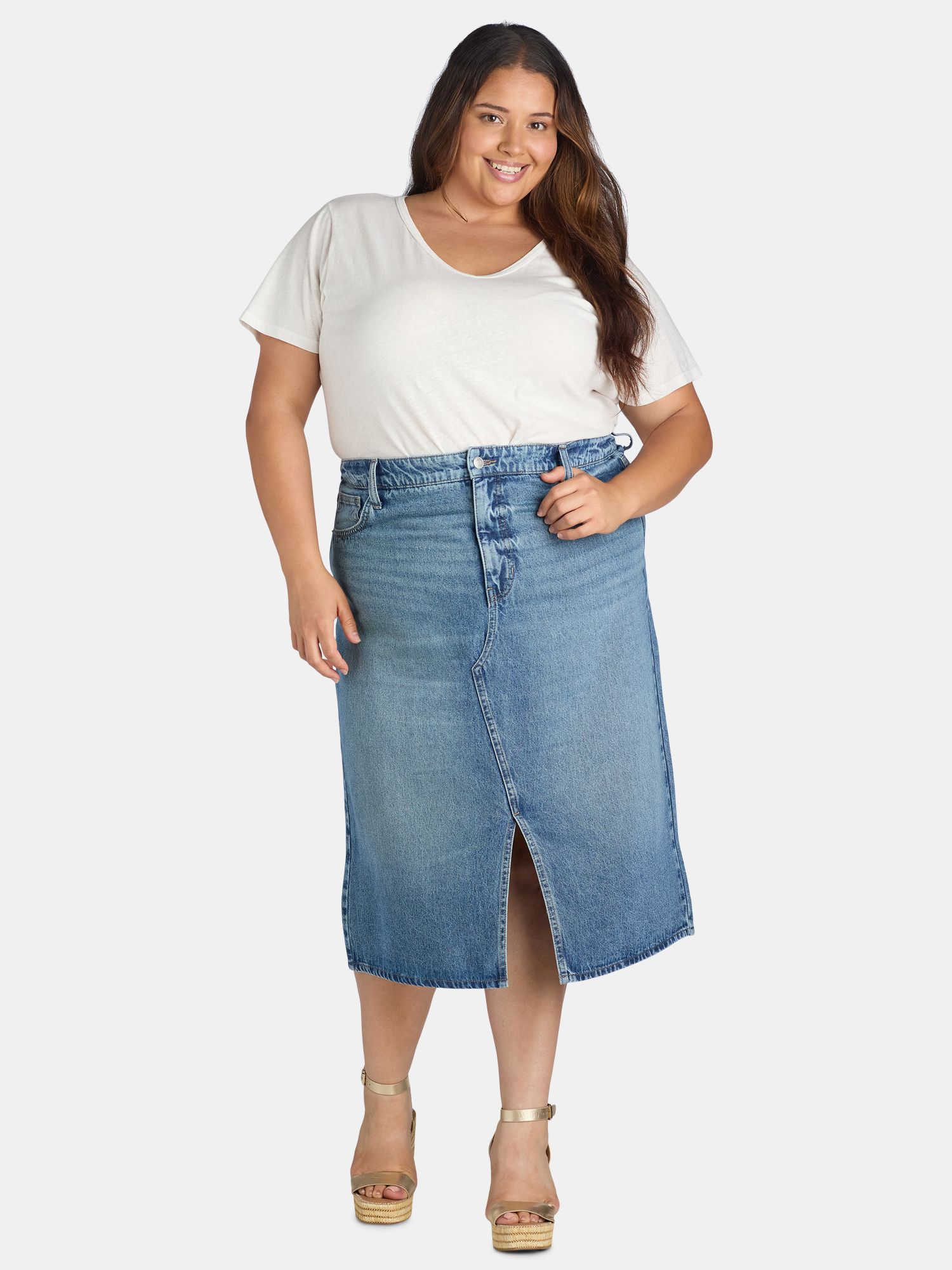 Terra & Sky Women's Plus Size Denim Midi Skirt, Sizes 16W-26W | Walmart (US)