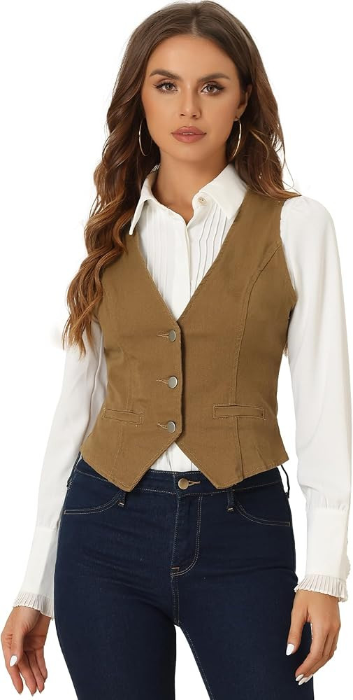 Allegra K Women's Denim Jakcet Sleeveless V Neck Button Down Casual Jean Waistcoat Vest | Amazon (US)