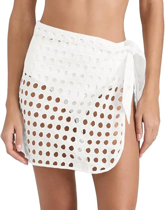 Saodimallsu Women's Crochet Cover Up Skirt 2024 Beach Mesh Slit Tie Waist Mini Wrap Skirts Pareo ... | Amazon (US)