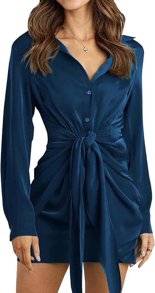 BTFBM Women Button Down Shirts Dresses Satin Long Sleeve Lapel V Neck Elastic Waist Self Tie Knot... | Amazon (US)