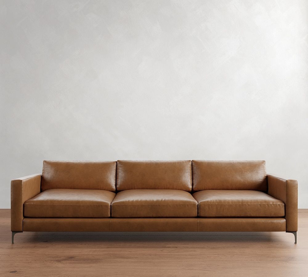 Jake Leather 10-Foot Sofa 3-Seater with Bronze Legs, Polyester Wrapped Cushions, Vintage Caramel | Pottery Barn (US)