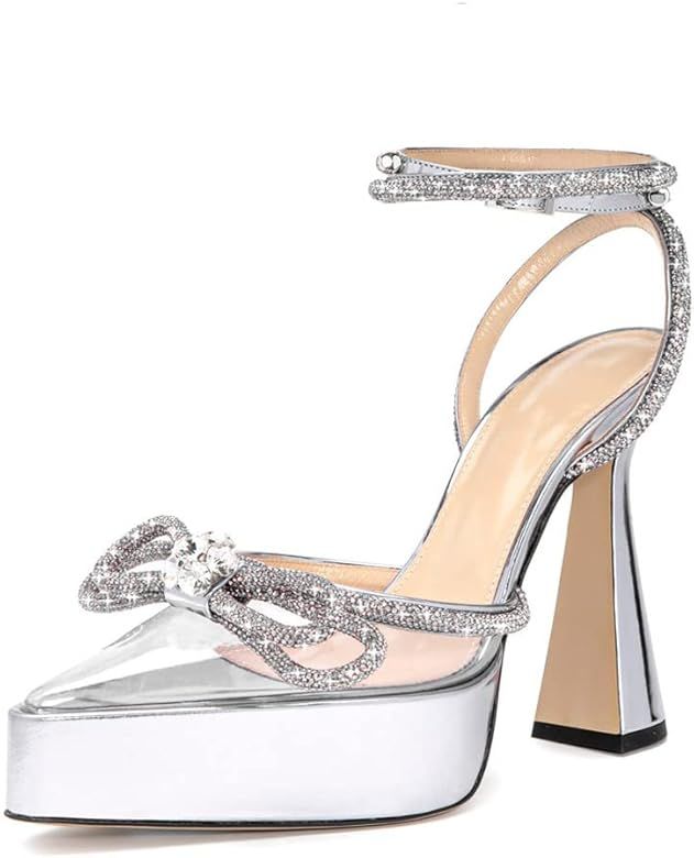 Arqa Diamond Strappy Pumps Rhinestones Double Bow Platform Heels Chunky Heel PVC Wedding Sandals | Amazon (US)
