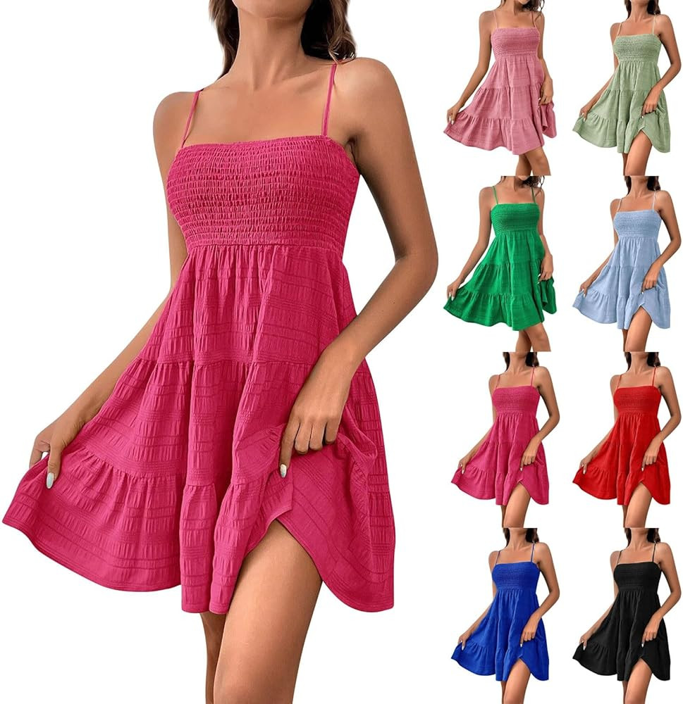 Sundresses for Women Smocked Spaghetti Strap Square Neck Mini Babydoll Dress Casual Summer Flowy ... | Amazon (US)