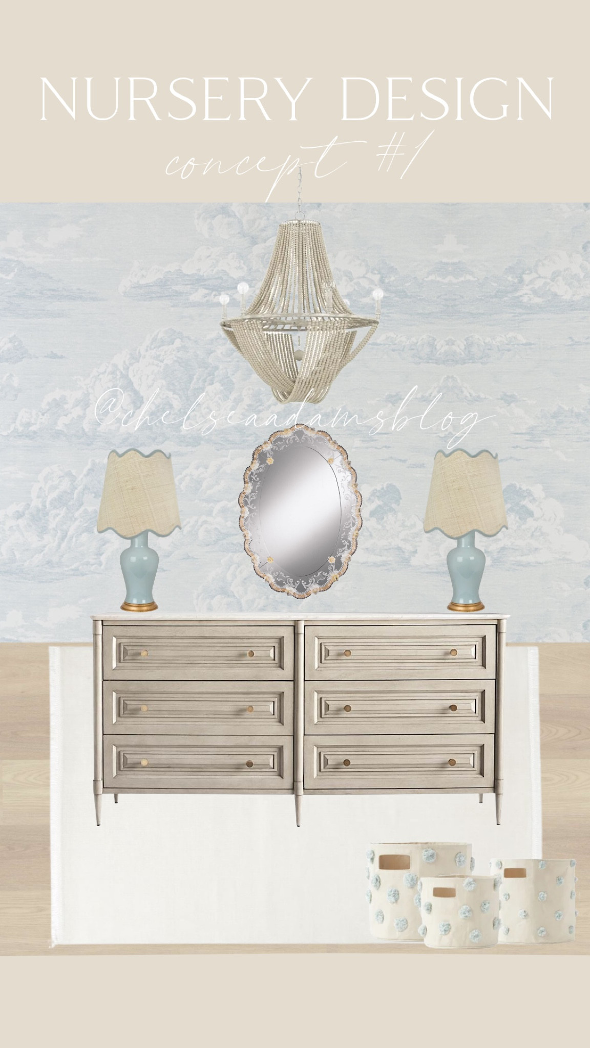 Marble top dresser
Light wood dresser
Hugo dresser
Nursery dresser
Murano glass mirror
Ornate mirror
Laguna wall mirror
Blue lamps
Raffia scallop lampshade 
Etsy find
Small business
White rug

Nursery design concept
Boy nursery
Blue and white nursery
Cloud wallpaper
Cloud toile
Gold crib
Namesake home crib
Camellia crib
Blue ottoman
Skirted ottoman
Grandmillenial nursery
White glider
Glider recliner
Monte design luca glider
Schumacher wallpaper
Pinch pleat curtains
Two pages curtains
Amazon curtains
Baby boy
Luxury nursery

#LTKunder100 #LTKhome #LTKunder50