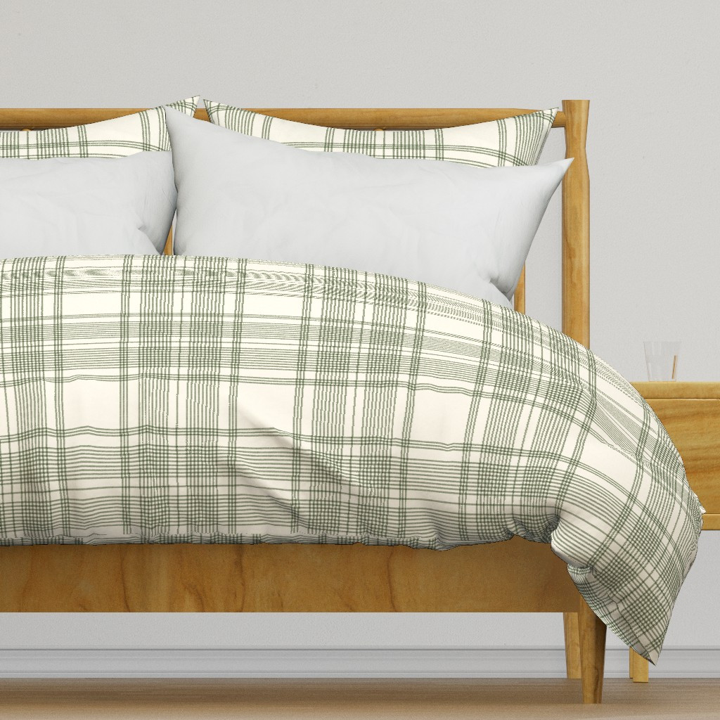 Thin Ticking Stripes Plaid Soft Sage Green Creamy Off White Cozy Cottage L Duvet Cover | Spoonflo... | Spoonflower