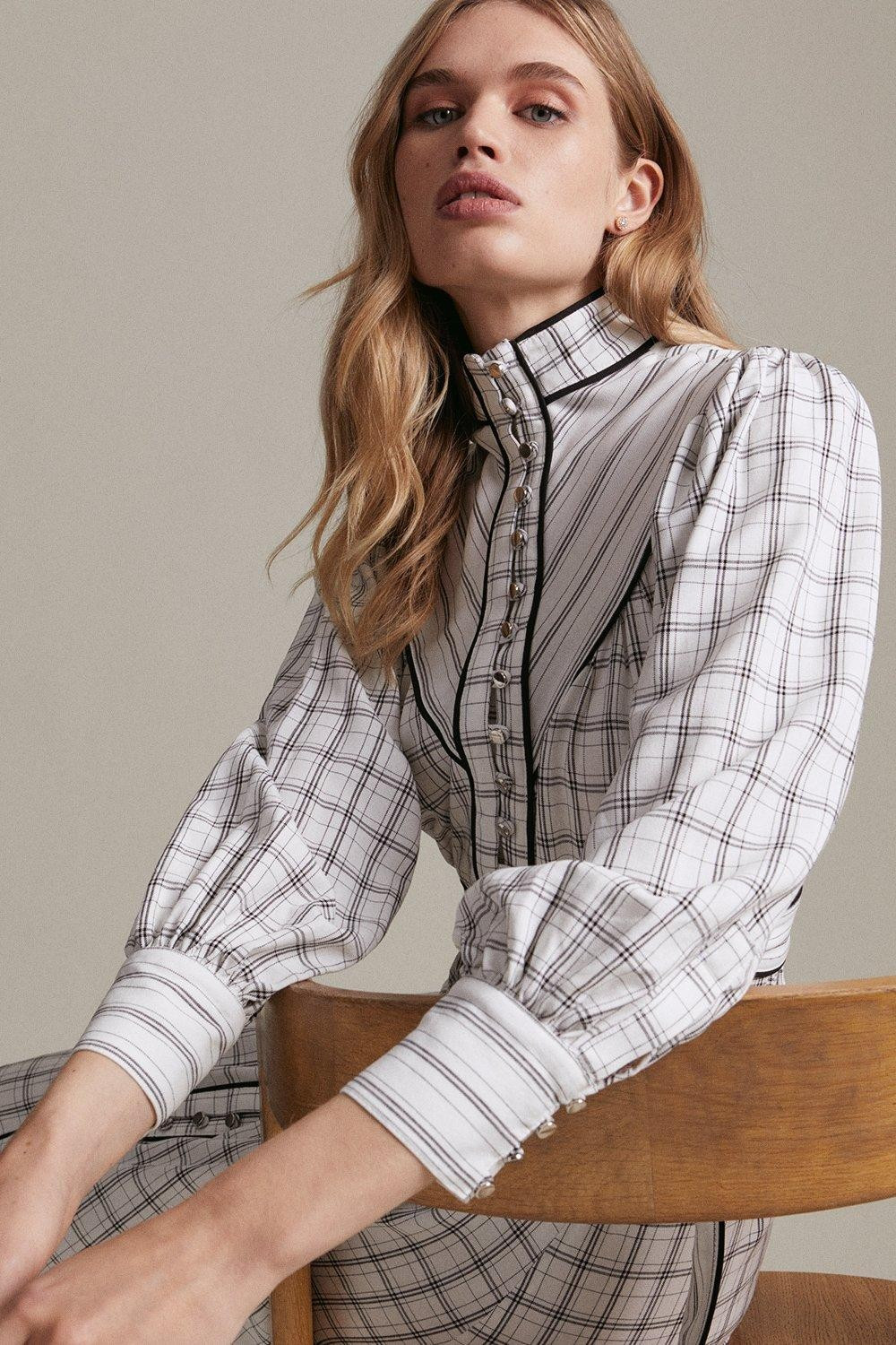 Woven Stripe And Check Mix Volume Sleeve Maxi | Karen Millen UK & IE