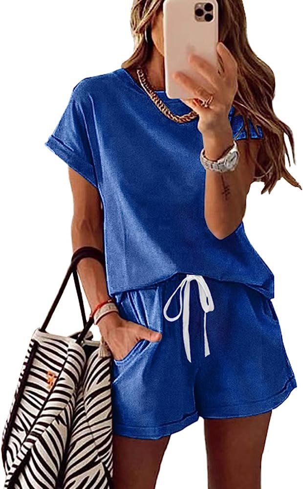 KIRUNDO Women’s Pajamas Summer Short Sleeve Crew Neck 2 Piece Outfit Tracksuits Loungewear Pjs | Amazon (US)