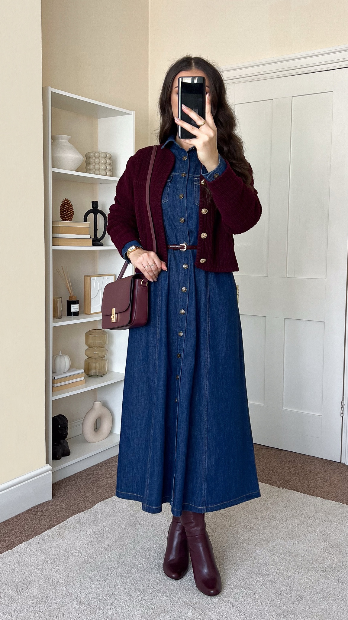 Casual chic autumn outfit. Denim dress is Forever New, wearing size UK8. Cardigan is H&M, wearing size S. Boots are Sosandar. Bag is John Lewis. Belt is H&M. 

#LTKmodest #LTKstyletip #LTKautumn