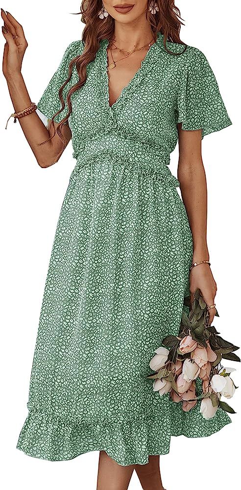 KIRUNDO Women's Summer Casual Ruffle Short Sleeve Deep V Neck Boho Floral Print Midi Dress Flowy ... | Amazon (US)