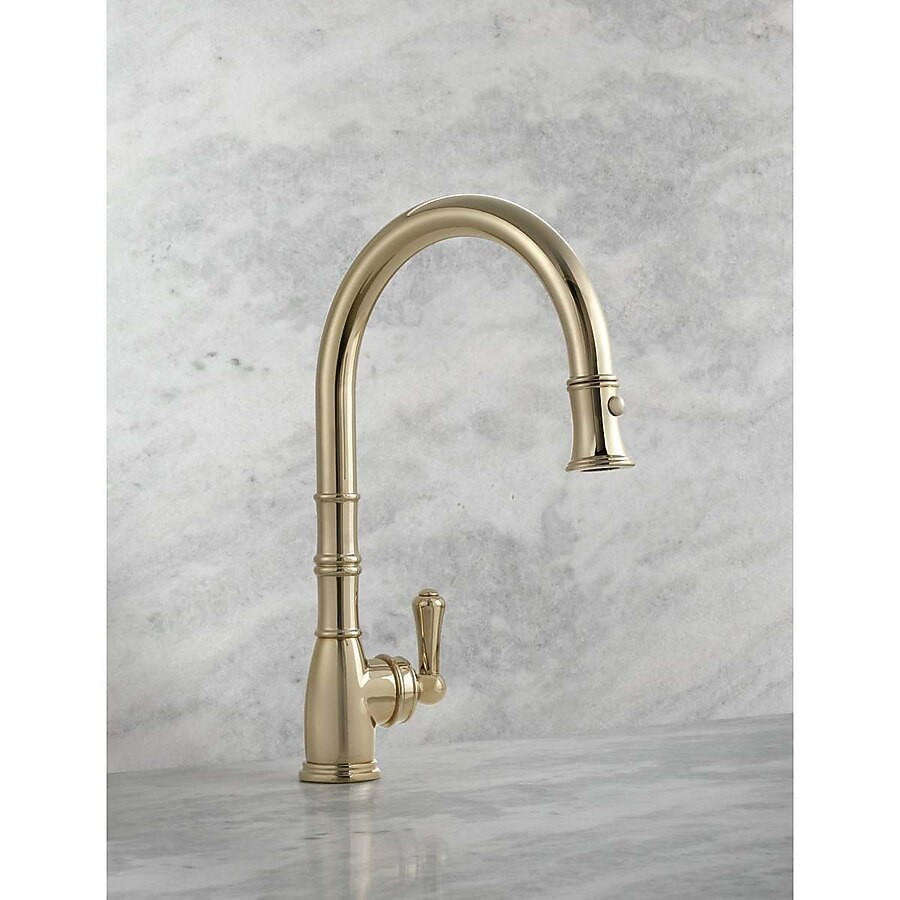 Rohl Georgian Era 1.75 GPM Deck Mount Pull-Down Kitchen Faucet in Unlacquered Brass with Lever Ha... | Lowe's