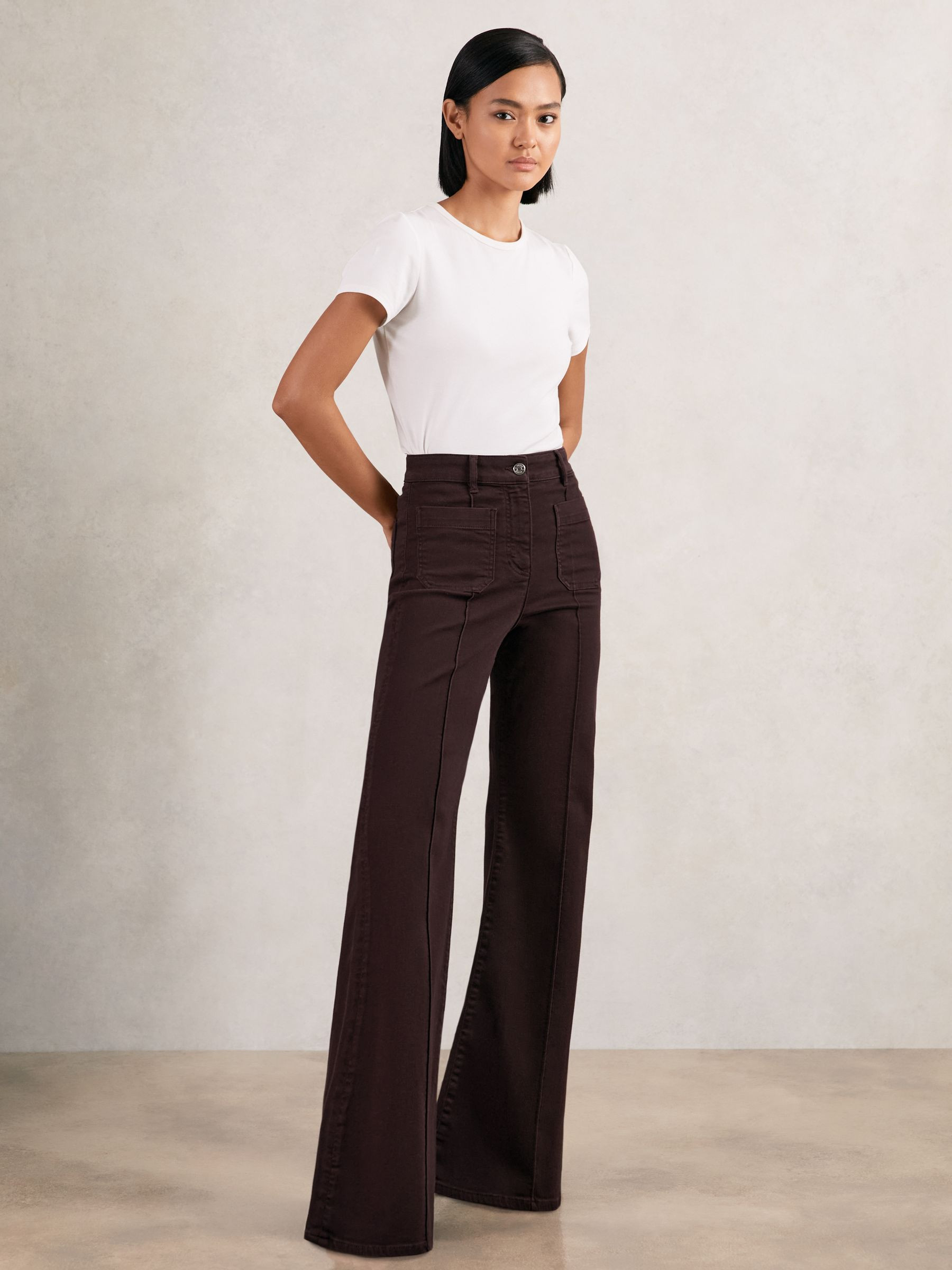 Patch-Pocket Flared Jeans in Burgundy | Reiss UK