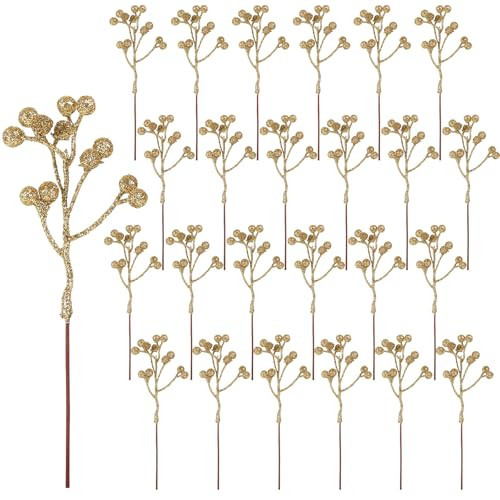 CCINEE 24 Pack Christmas Artificial Gold Berry Stems,6.9 Inch Xmas Gold Glitter Berry Picks Holly Branches for Christmas Tree Ornaments Xmas Wreath DIY Crafts Home Holiday Decor | Amazon (US)