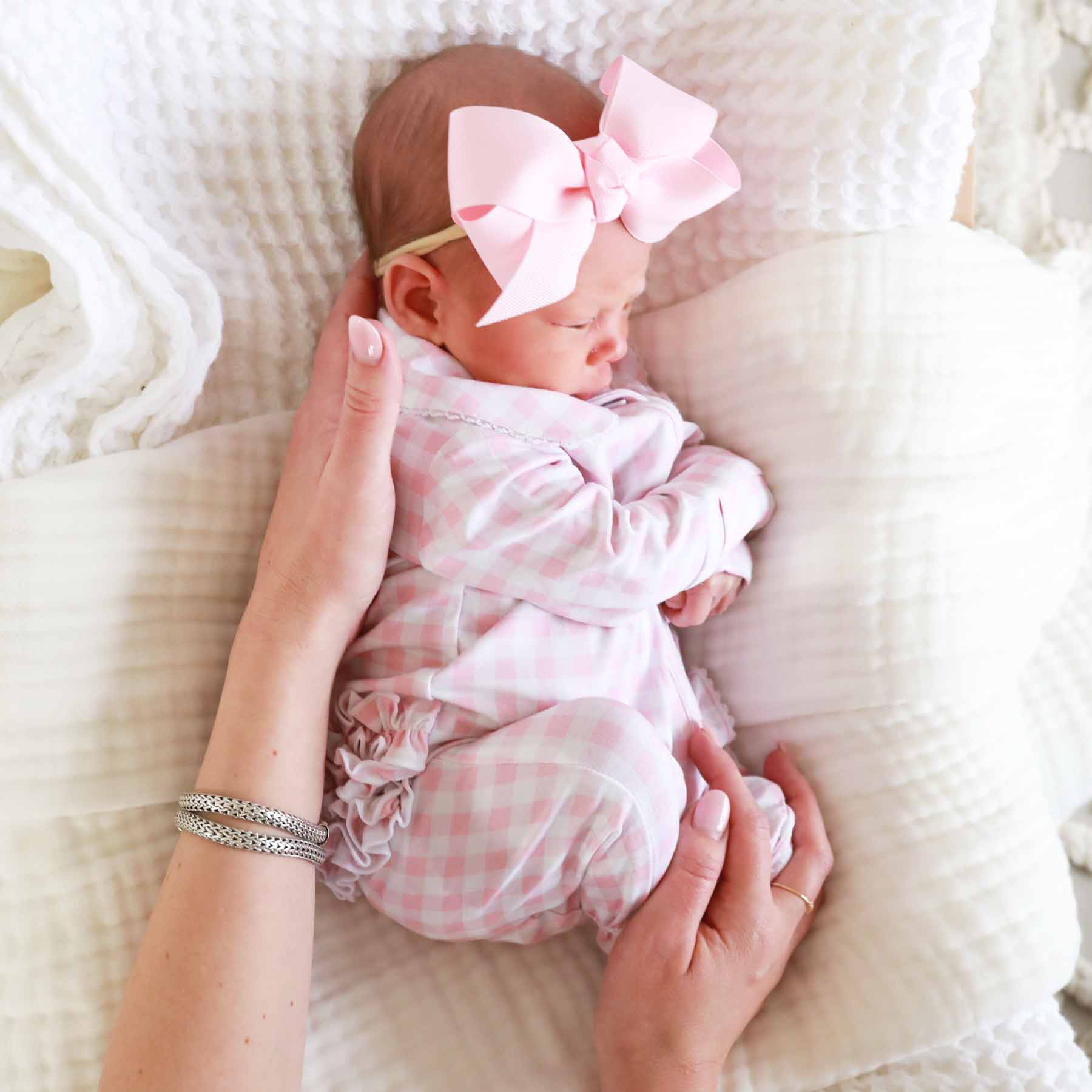 Peter Pan Collar Ruffle Zipper Footie | Rosy Gingham | Caden Lane