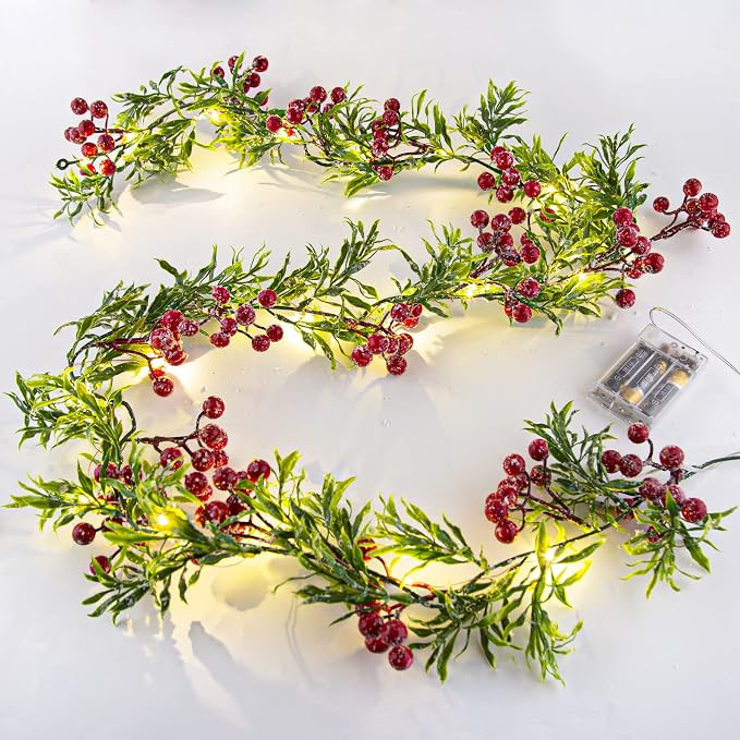 5.9FT Artificial Christmas Garland String Lights with 162 Snowy Red Berries 55 Green Leaves 20 LE... | Amazon (US)