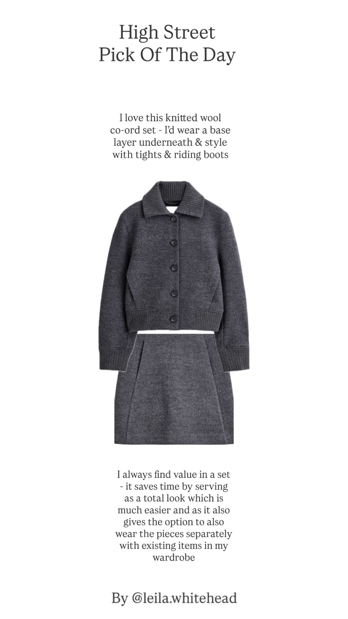 I always find value in a set - it saves time by serving as a total look which is much easier and as it also gives the option to also wear the pieces separately with existing items in my wardrobe.

I love this knitted wool
co-ord set - I’d wear a base layer underneath & style with tights & riding boots!

@cosstores

#LTKuk #LTKstyletip #LTKwinter