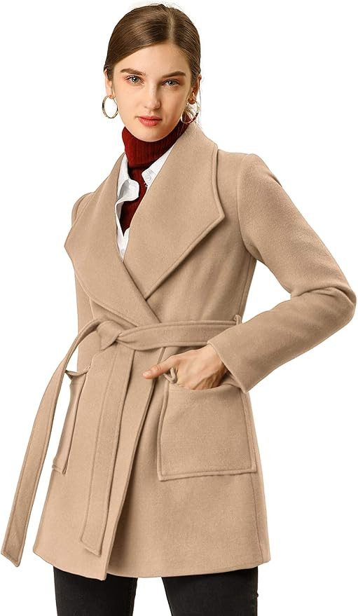 Allegra K Women's Shawl Collar Lapel Winter Belted Coat with Pockets | Amazon (US)