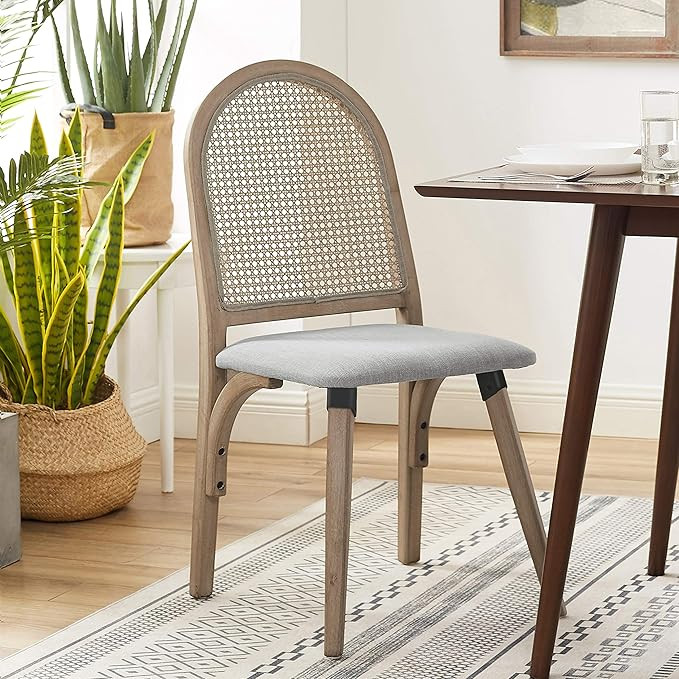 Volans Rustic Linen Upholstered Bamboo Dining Side Chair with Woven Rattan Back, 1 Pcs Light Grey | Amazon (US)